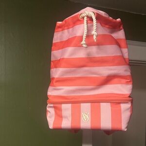 Victoria's Secret Coral and Light Pink Striped Drawstring Backpack